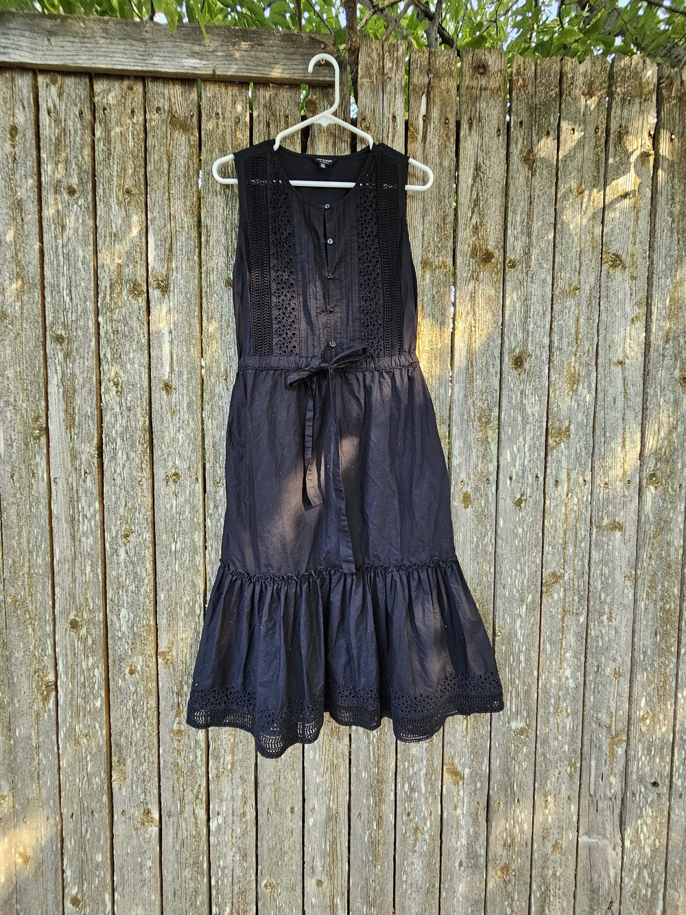 Sleeveless Black Eyelet Tiered Midi Dress with Waist Tie
